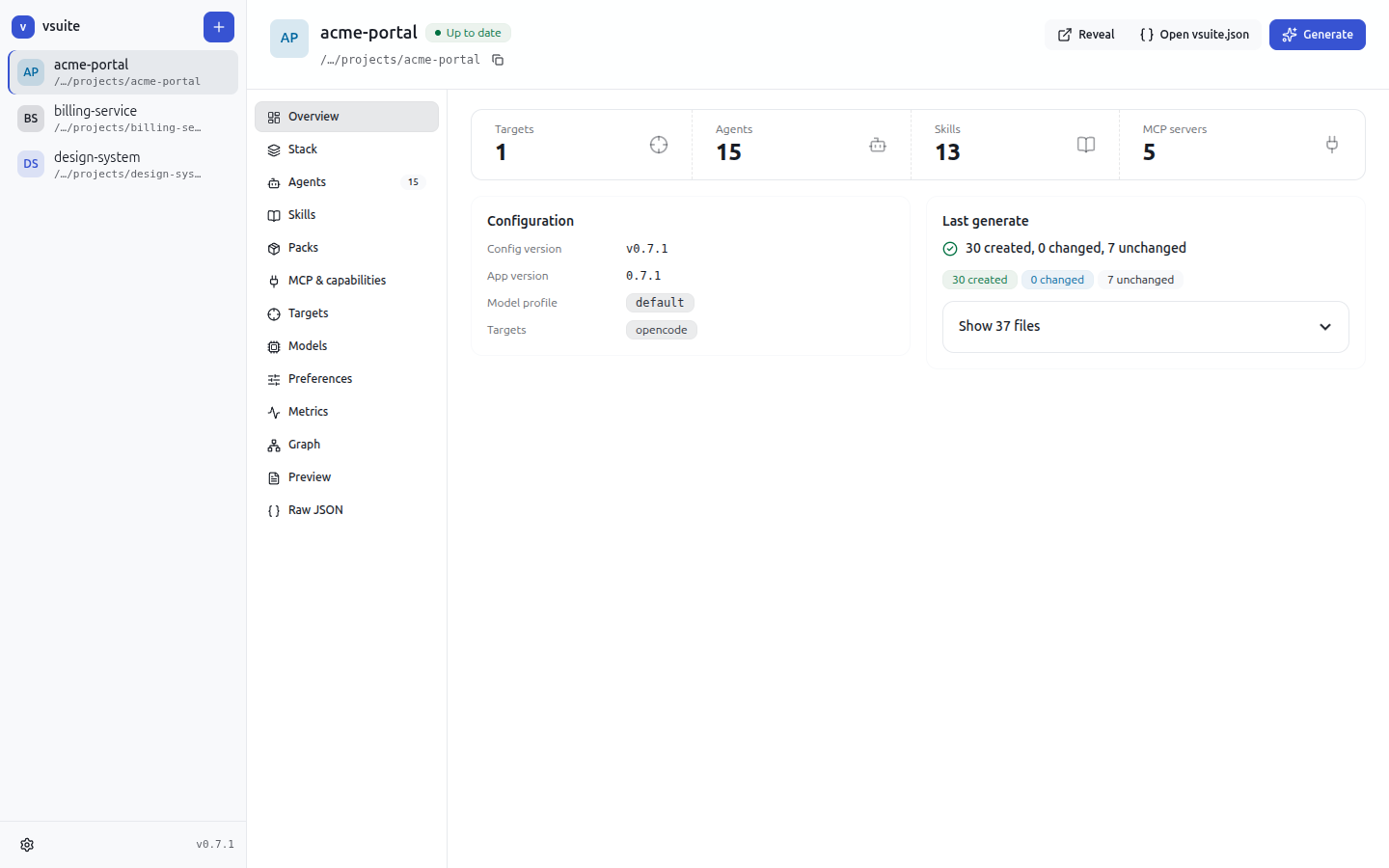 vsuite desktop app showing the project overview with configured agents, skills and MCP servers