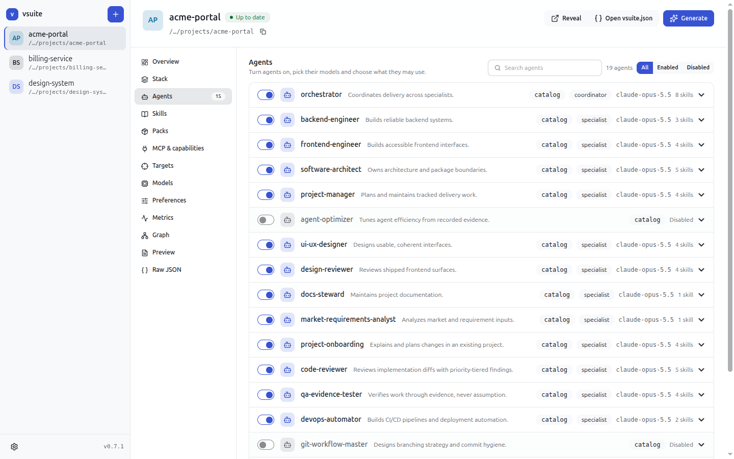 vsuite agent roster listing each agent with its role and model per target assistant